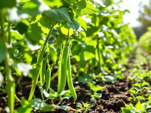 Des haricots verts mûrs pendent des tiges vertes. La récolte des haricots verts est un processus continu, demandant plusieurs passages pour cueillir les gousses à maturité.