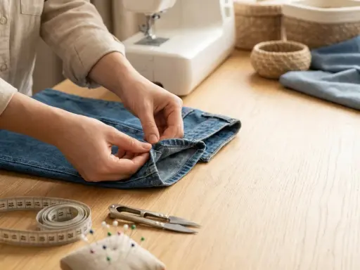 Händer syr i ett par jeans. Symaskin, måttband och korgar syns i bakgrunden. Perfekt för att sy byxor med resår.