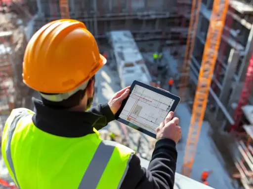 Ingeniero con casco naranja y chaleco reflectante revisa planos en tablet. Asegura el control de calidad en construcción.