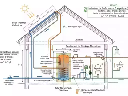 Schéma d'une installation de chauffe eau solaire avec capteurs sur le toit, réservoir de stockage et raccordements pour l'eau chaude sanitaire.