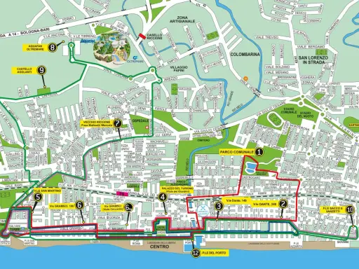 Percorso del trenino di Riccione: da Aquafan a P.le del Porto, passando per il Vecchio Riccione e il Parco Comunale.