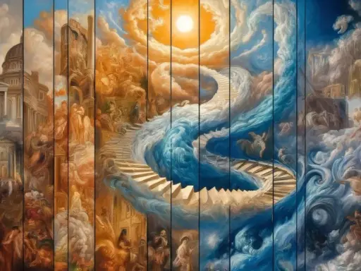Une œuvre d'un peintre contemporain français : escalier céleste, architecture antique, figures mythologiques, ciel orageux et soleil éclatant.