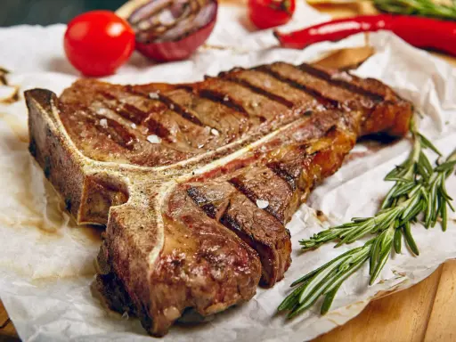 Saftiges T-Bone-Steak, perfekt gegrillt, mit grobem Salz bestreut, daneben Rosmarin, Tomaten und Chili.