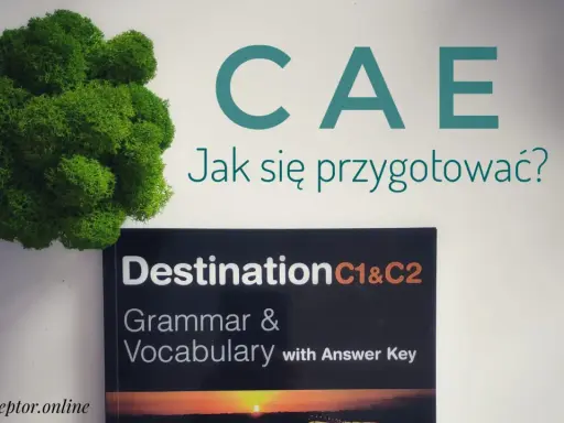Książka "Destination C1&C2 Grammar & Vocabulary" jako materiał do przygotowania do CAE exam sample. Obok zielony mech.