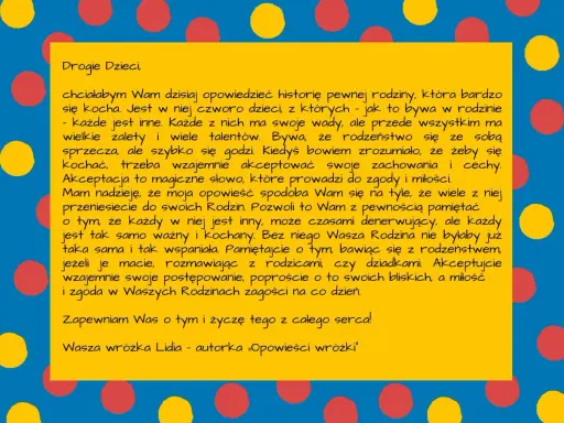 Żółty prostokąt z tekstem na niebieskim tle z kolorowymi kropkami.
