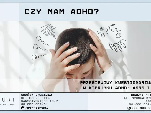 Kobieta z rękami na głowie, otoczona chaotycznymi rysunkami symbolizującymi zamęt myśli. Pytanie "Czy mam ADHD?" i informacja o kwestionariuszu ASRS 1.1.