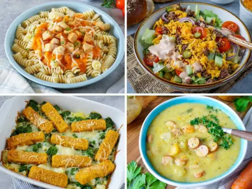 Vier leckere Gerichte: Pasta mit Soße, Salat mit Hackfleisch, Auflauf mit Fischstäbchen und Gemüse, und eine cremige Kartoffelsuppe. Was koche ich heute?