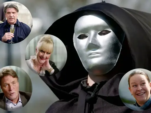 En mystisk figur med silvermask och huva omgiven av porträtt av fyra personer. En ny serie på TV4 Play.