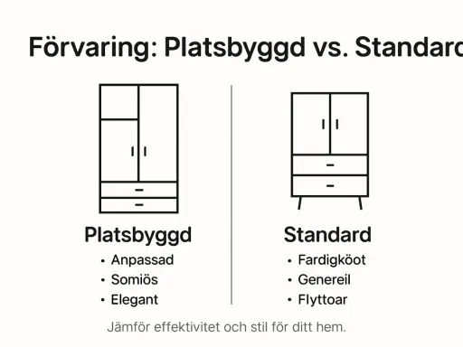 Illustration av ett platsbyggt skåp med anpassad, somiös och elegant design, jämfört med ett standard skåp.