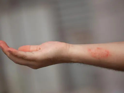 Poignet présentant une dartre cutanée rouge et irritée.