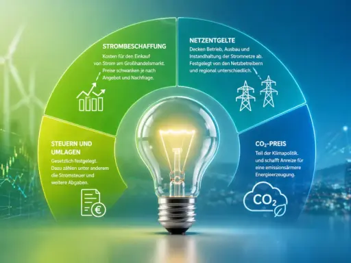 Glühbirne im Zentrum, umgeben von Kreissegmenten, die Strombeschaffung, Netzentgelte, Steuern/Umlagen und CO2-Preis erklären. Ein Diagramm zur Strommarktreform.