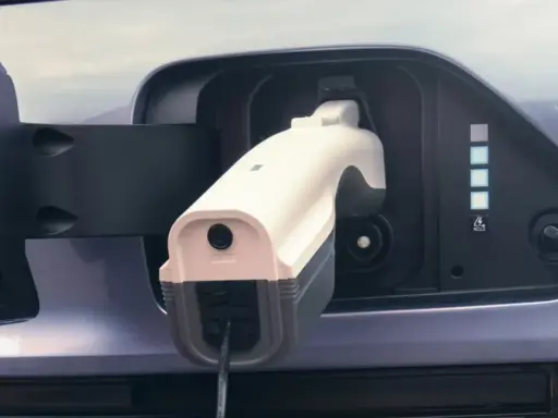 Cargando un coche eléctrico. Aunque los coches eléctricos no tienen embrague, este se conecta a la red para recargar su energía.