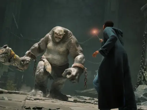 Student walczy z trollem w mrocznym lochu. Czy to przygoda z Hogwarts Legacy Game Pass?