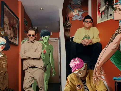 Medlemmar av Gorillaz samlade i en korridor. Från vänster: Noodle, Murdoc, 2-D och Russel.