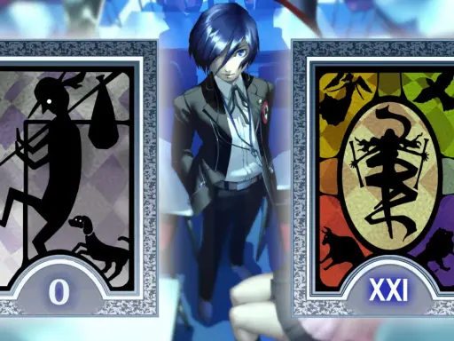 Postać z gry Persona 3, między kartami tarota: 0 - Wędrowiec z psem, i XXI - Świat.