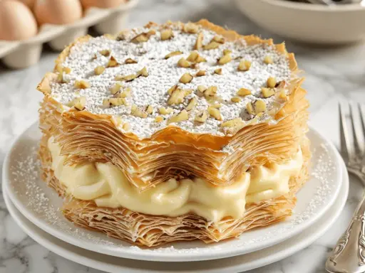 Deliciosa tarta árabe de capas crujientes y crema pastelera, espolvoreada con azúcar glas y nueces.