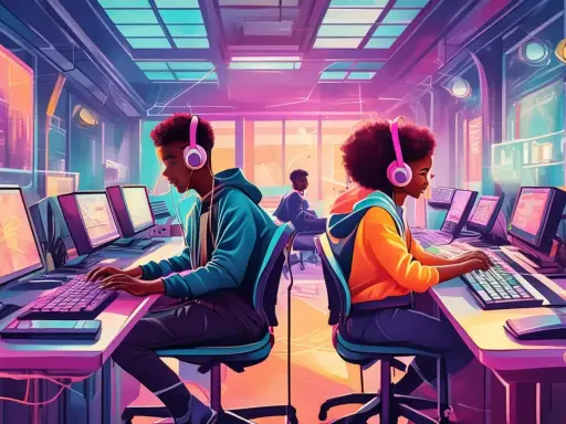 Deux jeunes créent de la musique avec un logiciel musique gratuit dans un studio futuriste aux néons roses et bleus.