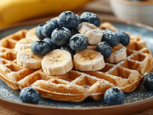 Goldbraune Bananenwaffeln mit Blaubeeren und Bananenscheiben, bestäubt mit Puderzucker. Ein köstlicher Genuss!