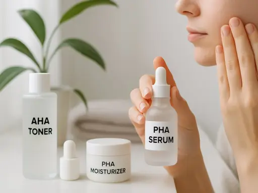 En person applicerar PHA serum för en mjukare hud. Bredvid står PHA moisturizer och AHA toner.