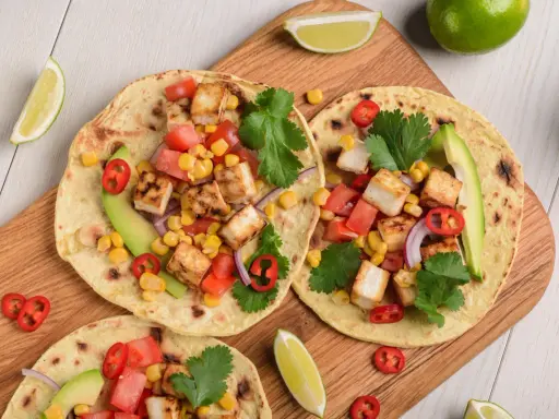 Lekkie tacos z grillowanym tofu, kukurydzą, pomidorami i awokado – idealne, gdy zastanawiasz się, co można zjeść na obiad dietetyczny.