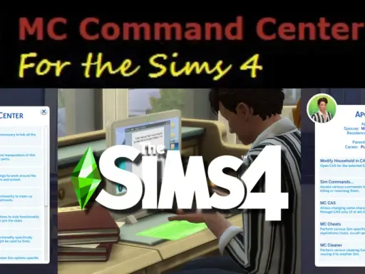 Interfejs MC Command Center w The Sims 4, z opcjami modyfikacji Simów i karier. Wygląda na to, że MC Command Center nie działa poprawnie.