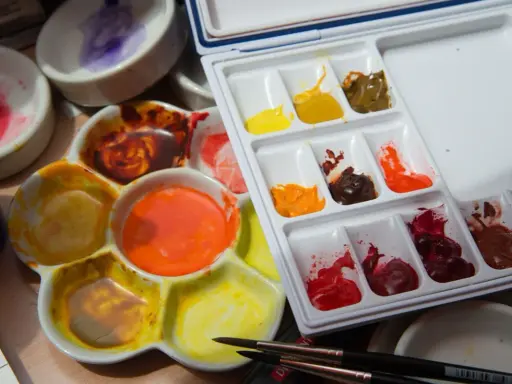 Palette d'aquarelles avec des couleurs vives, dont un mélange de **couleur jaune brun** dans un creux. Des pinceaux sont prêts à l'emploi.