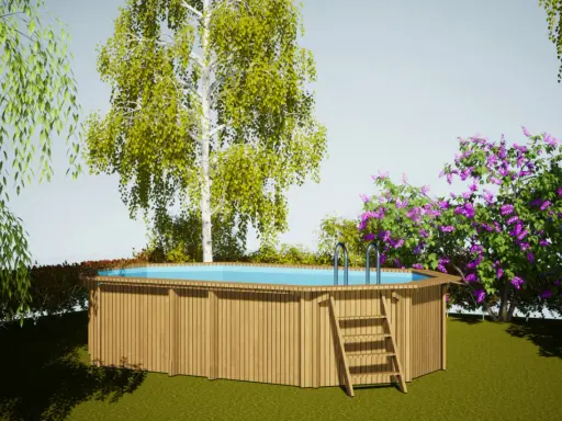 Piscine hors sol en bois avec échelle, entourée de verdure et de fleurs. Un bel espace pour se détendre, en respectant la réglementation piscine.