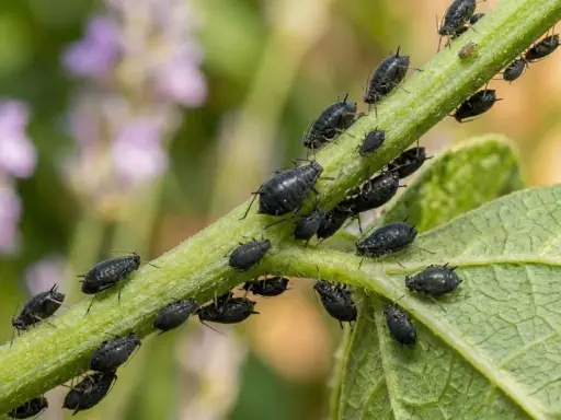 Un essaim de pucerons noirs envahit une tige verte, certains sur une feuille de tomate.
