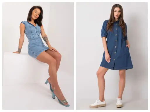 Dwie stylizacje z jeansową sukienką: obcisła z sandałkami na obcasie i rozkloszowana z trampkami. Idealne inspiracje, jakie buty do jeansowej sukienki.