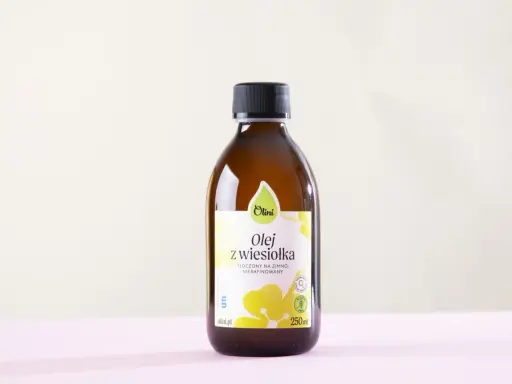 Olej z wiesiołka Olini, tłoczony na zimno, nierafinowany. Wspiera zdrowie skóry i łagodzi objawy PMS. 250 ml.
