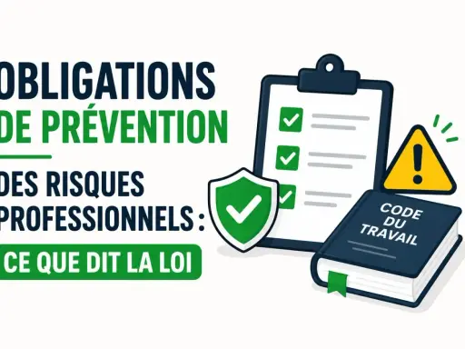 Obligations de prévention des risques professionnels : un tableau de bord, un bouclier, un panneau d'avertissement et le Code du travail illustrent la loi.