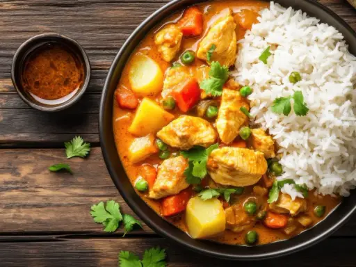 Kurczak w sosie curry z ryżem i warzywami. Idealne danie z 7 pomysłów na obiad.