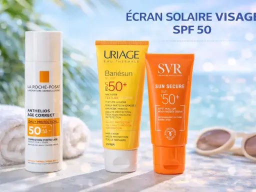 Crème solaire visage tous les jours : La Roche-Posay, Uriage et SVR SPF 50. Protection quotidienne pour une peau éclatante.