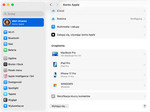Gdzie jest Apple ID? Na ekranie widać ustawienia konta Apple, gdzie można zarządzać iCloud, rodziną, zakupami i urządzeniami.