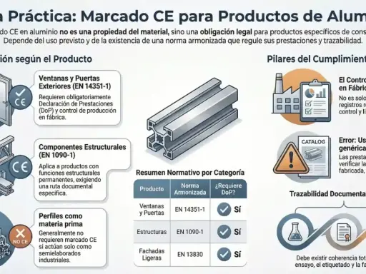 Guía sobre el marcado CE para aluminio: ventanas, estructuras y perfiles. Detalla requisitos y normas.