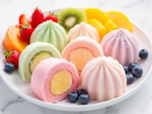 Assortiment coloré de mochis glacés aux fruits, parfaits pour une recette mochi glacé facile et gourmande. Fraises, kiwis, mangues et myrtilles accompagnent ces délices.