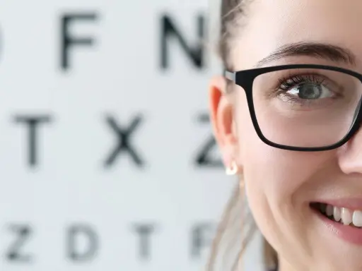 Uśmiechnięta kobieta w okularach na tle tablicy Snellena. Wizyta u optometrysty lub okulisty to ważny krok do dobrego widzenia.