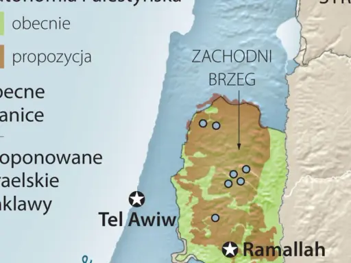 Mapa Zachodniego Brzegu z zaznaczonymi obecnymi i proponowanymi granicami. Izrael jaki kontynent? To skomplikowana kwestia.