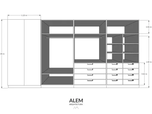 Plano de armario modular de 2.50 m de alto y 1.20 m de ancho, con compartimentos para colgar y cajones.