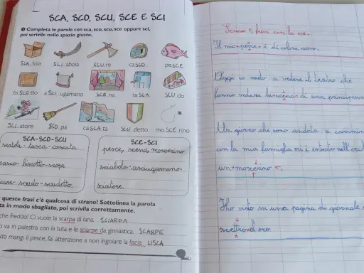 Esercizi con parole con sc suono duro: scatola, sciarpa, scena, sciatore.