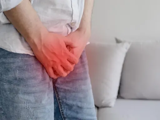 Mężczyzna trzyma się za krocze, gdzie widoczny jest czerwony obszar bólu, sugerujący chorobę Peyroniego.