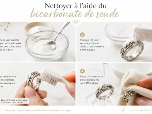 Guide pour nettoyer l'argent avec du bicarbonate de soude : mélange, application, brossage doux, rinçage et séchage pour redonner éclat.