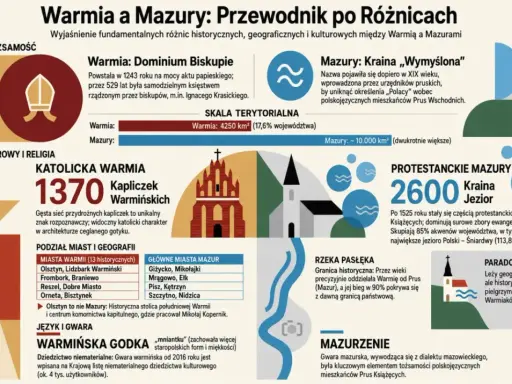 Mapa przedstawia różnice między Warmią a Mazurami, pokazując ich historię, kulturę i krajobraz. Gdzie są Mazury? Na północnym wschodzie Polski, krainę jezior.