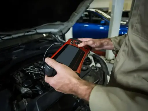 Mechanik używa skanera diagnostycznego do sprawdzenia stanu silnika. To ważne, by mieć aktualne papiery od gazu do przeglądu.