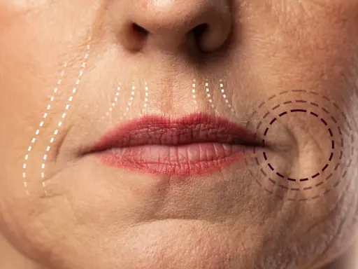 Primo piano del volto di una donna con linee tratteggiate che indicano le aree interessate da rughe naso labiali, suggerendo come eliminare le rughe naso labiali.