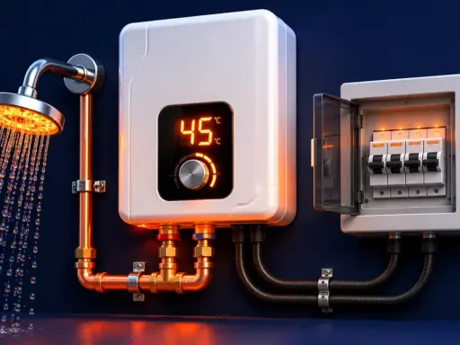 Moderner durchlauferhitzer starkstrom mit digitaler Anzeige (45°C) und Sicherungskasten. Warmes Wasser für die Dusche.