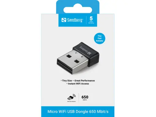 Sandberg Micro WiFi USB Dongle mit 650 Mbit/s. Klein, schnell und zuverlässig für sofortigen WLAN-Zugang.