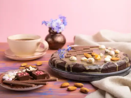 Czekoladowy tort i pralinki na talerzyku, kawa i kwiaty. Idealny przepis na zdrowe słodycze.
