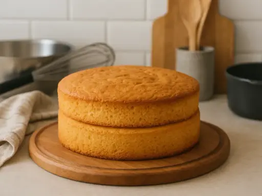 Deux disques de génoise moelleuse, prêts pour une recette gourmande. Ustensiles de pâtisserie en arrière-plan.