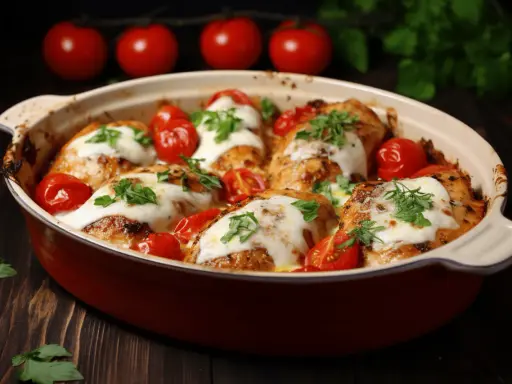 Pyszny filet z kurczaka zapiekany z mozzarellą i pomidorami, posypany świeżą natką pietruszki, w ceramicznym naczyniu.